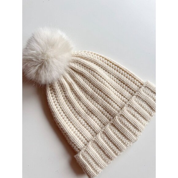 RESTORATION HARDWARE Ivory Wool Cashmere Ribbed Knit Beanie Toque Hat, One Size - Picture 2 of 7